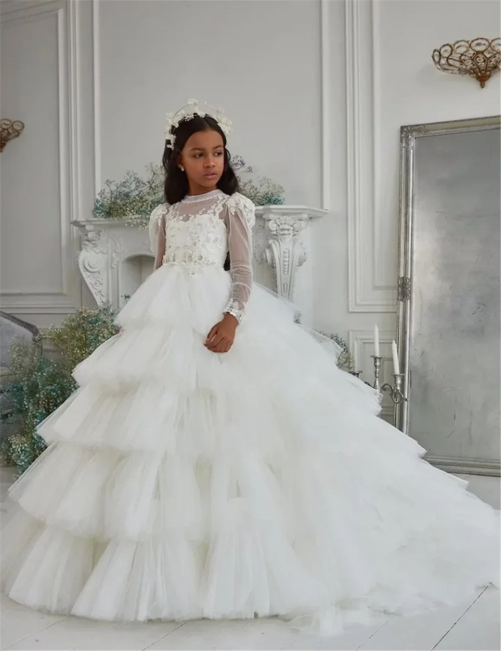 Customized White Flower Girl Dresses Tulle Tiered Flory with Tailing Long Sleeve for Wedding Birthday Party First Communion Gown