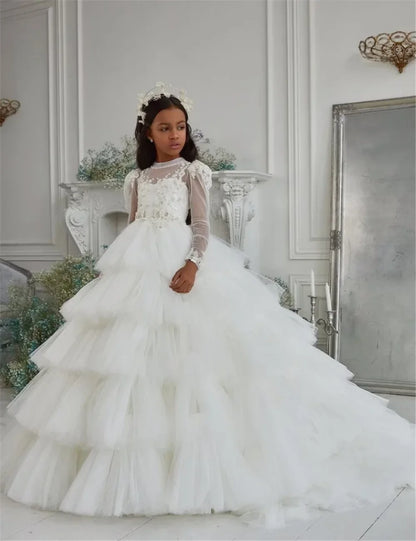 Customized White Flower Girl Dresses Tulle Tiered Flory with Tailing Long Sleeve for Wedding Birthday Party First Communion Gown