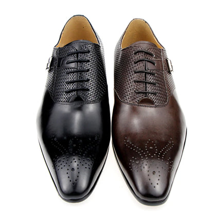 Mens Formal Genuine Leather Shoes Fashion Zapato Social Male Wedding Dress Loafer Weave Printing Lace-up Daily Brogue Shoes