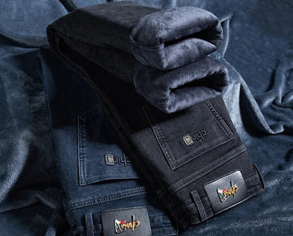 Winter Classic Business Men's Fleece Warm Jeans Straight Stretch Casual Thicken Denim Trousers Washed Fashion Velvet Male Pants