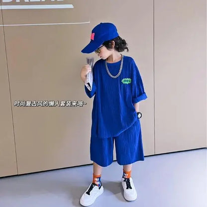 Klein Blue Wave Pattern Children's Clothes Boys T-shirt Boy Summer Set Suit Kids Toddler Clothing Sets From 4 Cotton Child Boy's