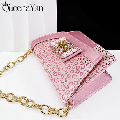 Queena Yan  2025 Shiny Italian Fashion Pointed Toe Women Heel Fashion Rhinestone Decoration Pink Color Shoes And Bag Set