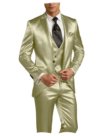 Luxury Men's Satin Suit 3 Piece Set Notch Lapel Slim Fit 1 Button Blazer Vest Pants for Formal Groom Groomsmen Prom Party