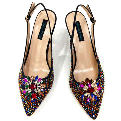 Elegant Woman Heel Shoes INS Style Pointed-Toe Rhinestone Pumps African Ladies Italian Shoe and Bag Set Designer 2024