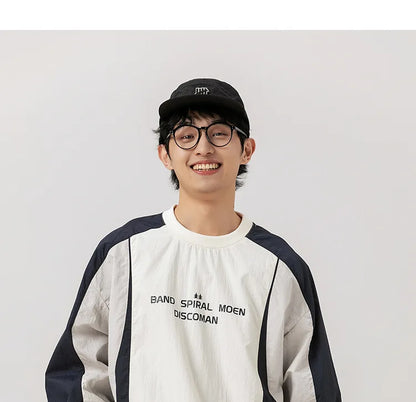 Japanese-inspired Color-blocked Crew Neck Sweatshirt with Patchwork Design: Men's Spring/Autumn Outdoor Leisure