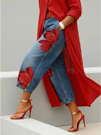 Women's High Waist Cropped Jeans Large Red Floral Print Relaxed Fit Denim Capri Pants 2026 Summer Streetwear Pants