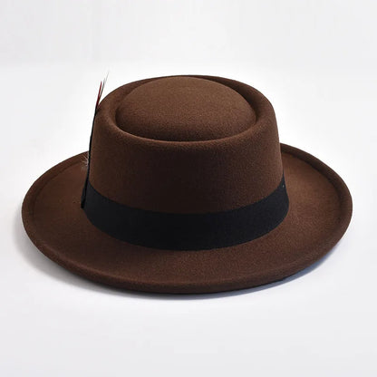 NEW Vintage Pork Pie Hat Mens Rolled Brim Felt Fedora Hat with Feather Gentleman Trilby Jazz Hats