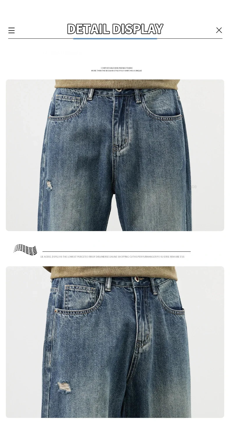 Korea Baggy Jeans Men's Vintage Straight Ripped Y2k Pants Fashion Frayed High Street Distressed Denim Trousers Male Clothes