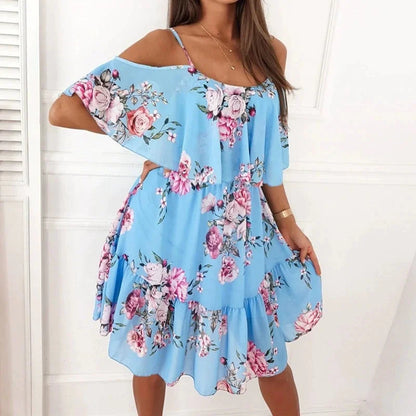 Women's Summer V-Neck Sleeveless Sling Camisole Commuting Printed Chiffon Bohemian Floral Dress For Women
