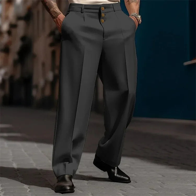 Male Formal Outdoor Pants Men's Solid Color Simple Basic Casual Trendy Loose Business Wide Leg Straight Button Suit Trousers
