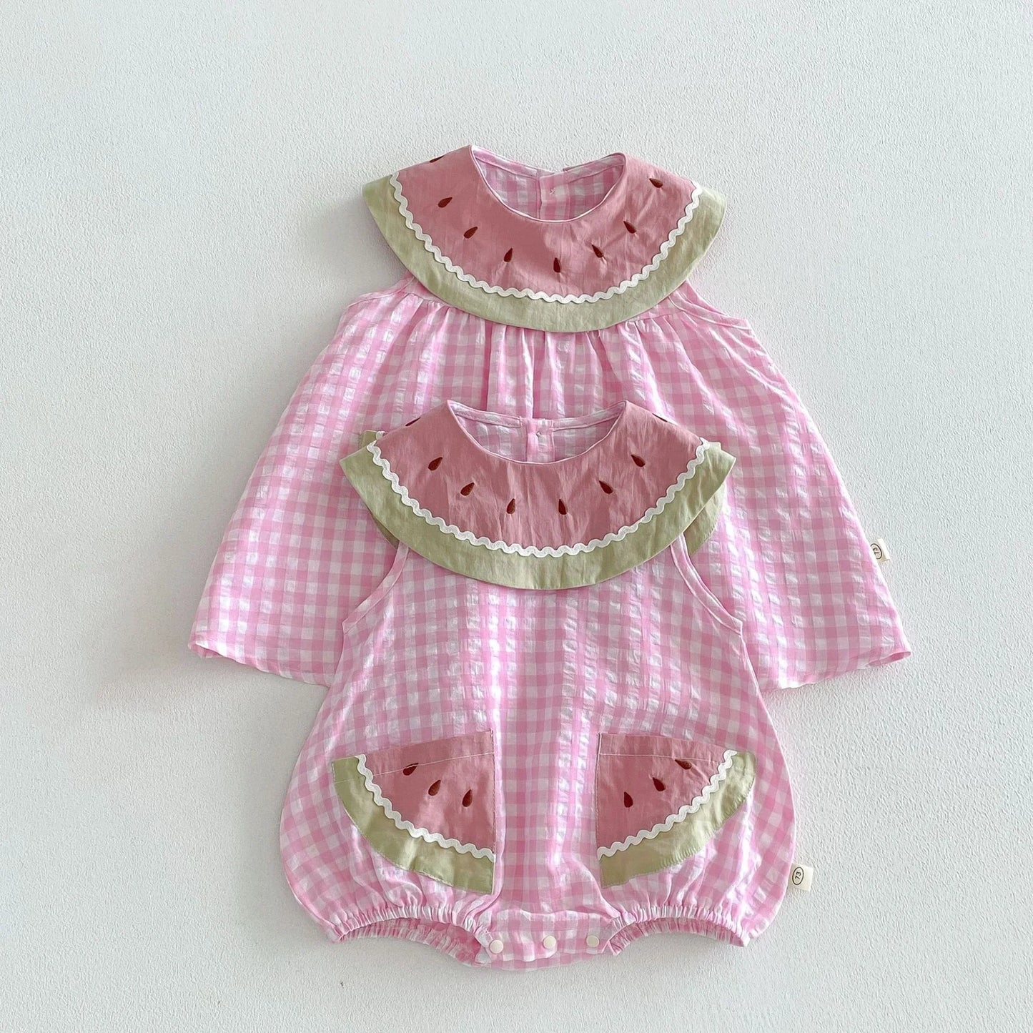 2026 New Summer Sweet Style Kids Dress Pink Watermelon Plaid Dress for Girls Sleeveless Lightweight Children Clothes