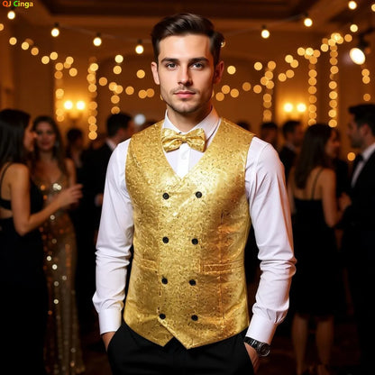 Men's Gold Sleeveless Blazer, Round Sequin-embellished Blazer Jacket, Perfect for Weddings, Parties, DJ Events, and Nightclubs.