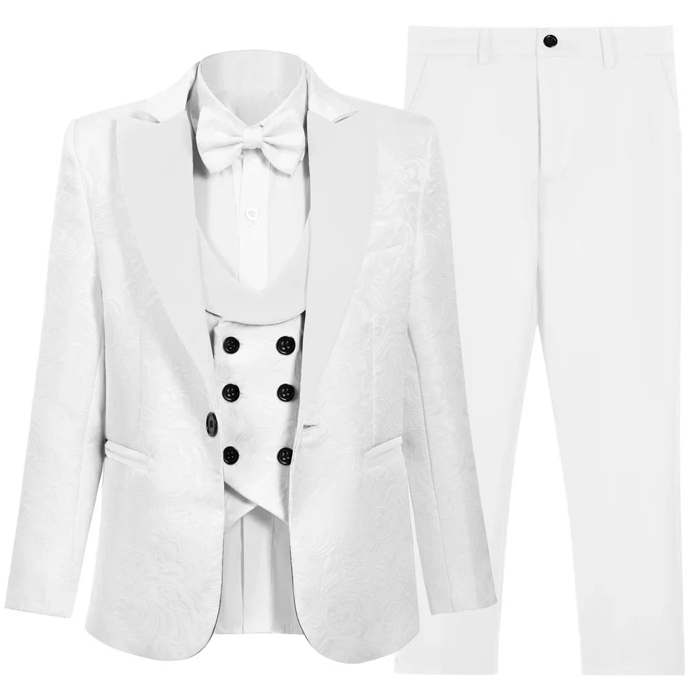 Hot Selling Stylish Paisley Jacquard Boys Formal Suit Set 3-14 Years 4 Piece Kids Wedding Tuxedo Elegant Blazer Vest Pants Bow