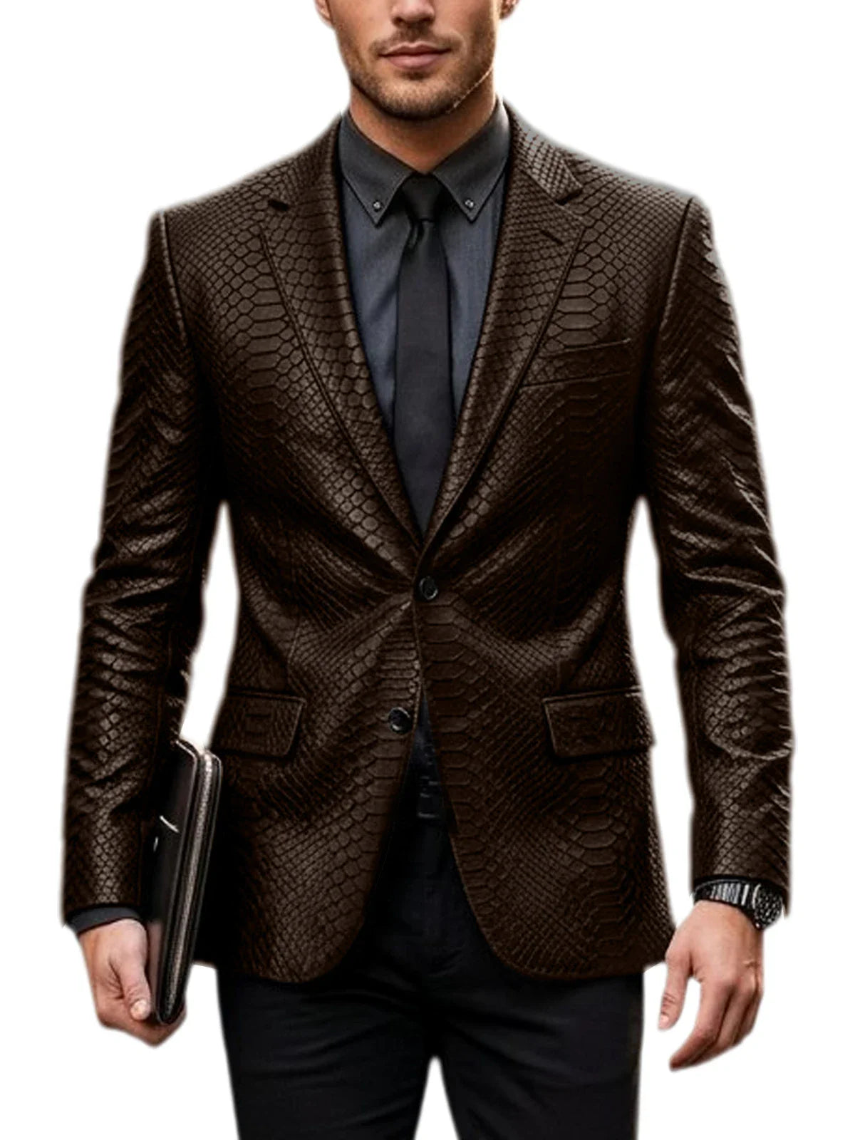 Men's Luxury Crocodile Pattern Leather Blazer Slim Fit Two Button Notch Lapel Suit Jacket Business Casual Wedding Tuxedo Dress