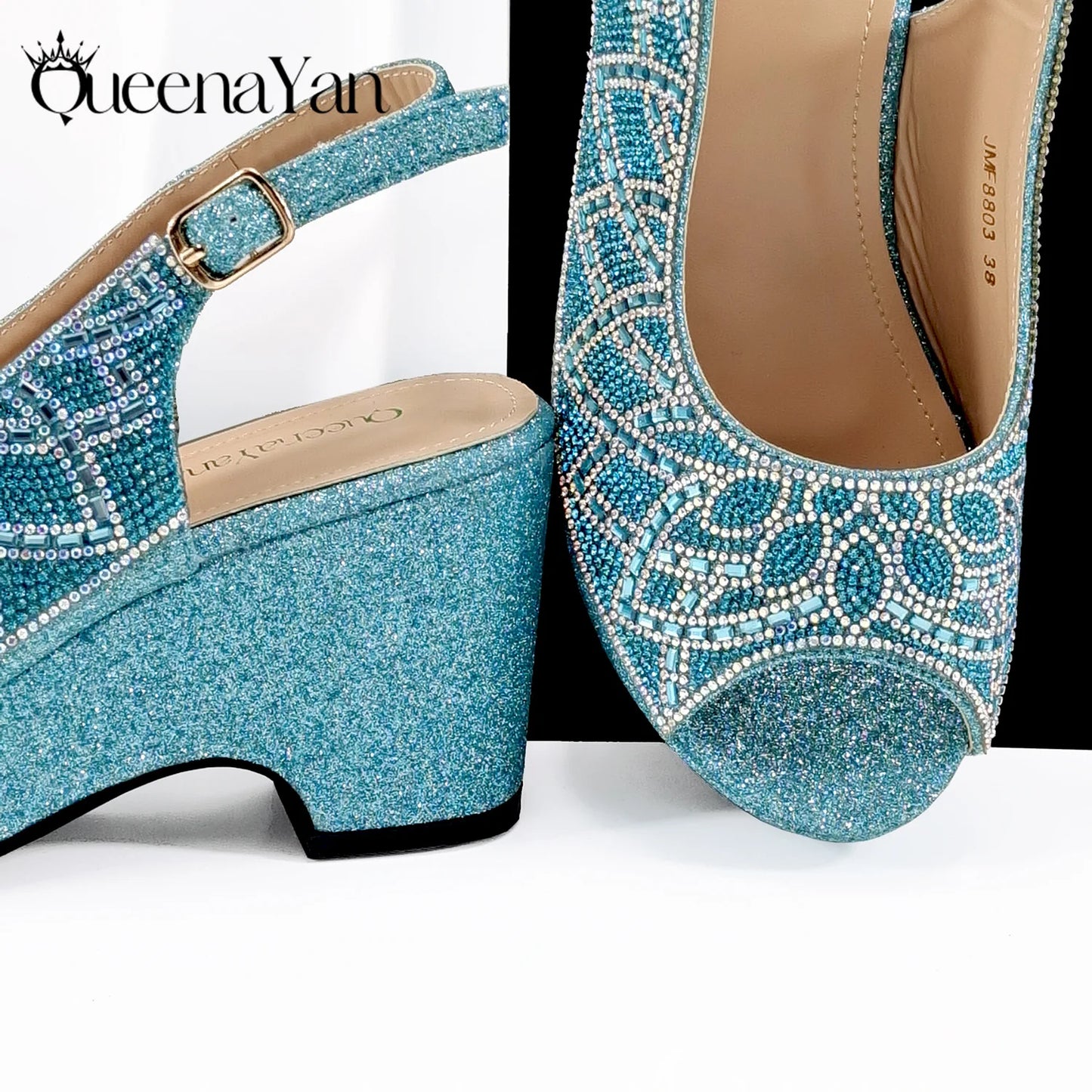 Sky Blue Elegant Nigerian Rhinestone Wedding Shoe and Bag Set Italian Inspired High Heels and Matching Handbag