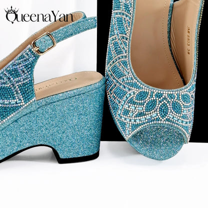 Sky Blue Elegant Nigerian Rhinestone Wedding Shoe and Bag Set Italian Inspired High Heels and Matching Handbag