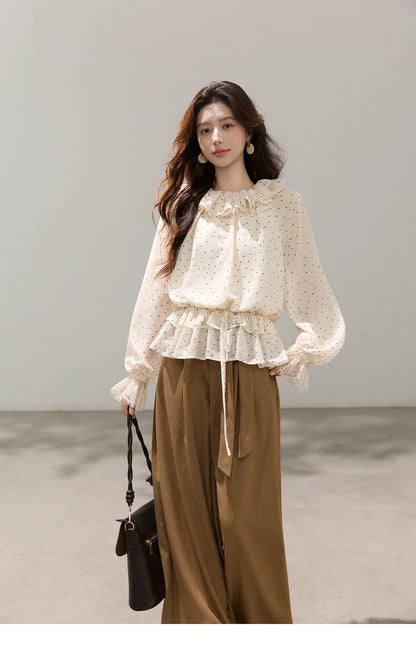 Retro Polka Dot Ruffle Chiffon Blouse 2026 Spring New Apricot Lace Cuffs Design Top Gentle Tie Shirt for Women MXF13X2530