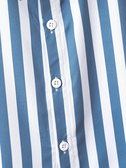 2pcs Summer Boys Blue & White Striped Shirt Set, Soft Style, Daily/Party Wear, Suitable for 1‑4Y, Breathable Fabric