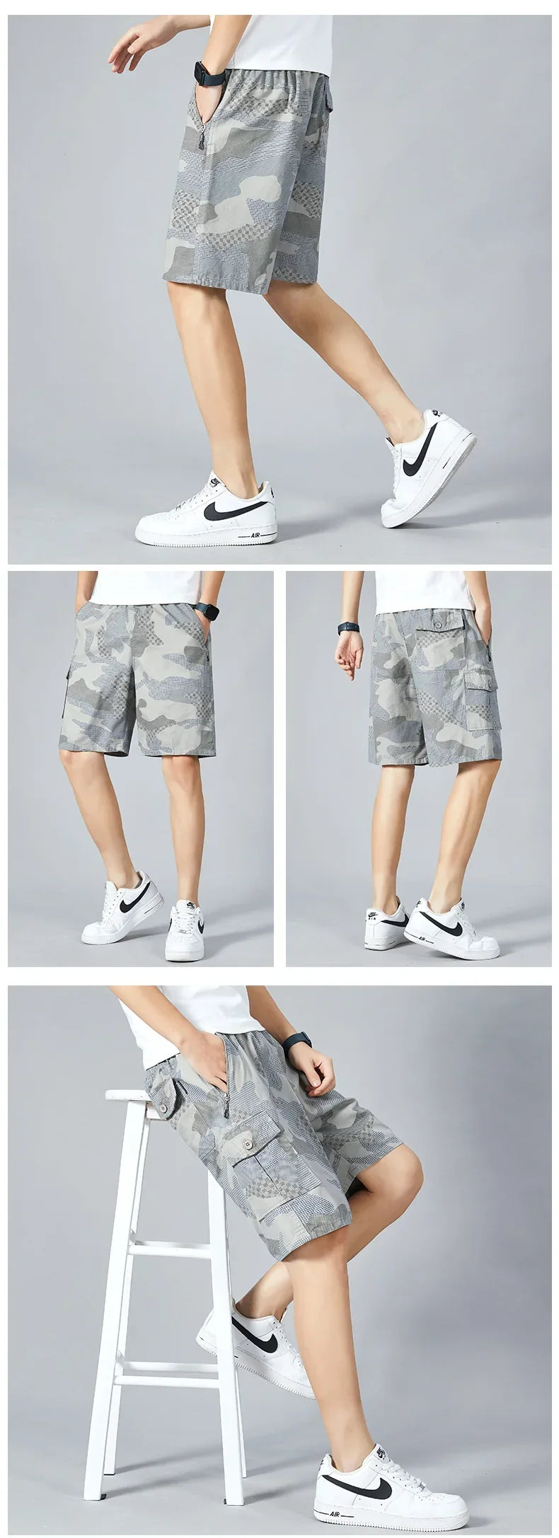 Men's Camo Shorts Elastic Waistband Casual Cargo Shorts Hiking Running Male Clothes Athletic Plus Size Y2K Knee Short Pants