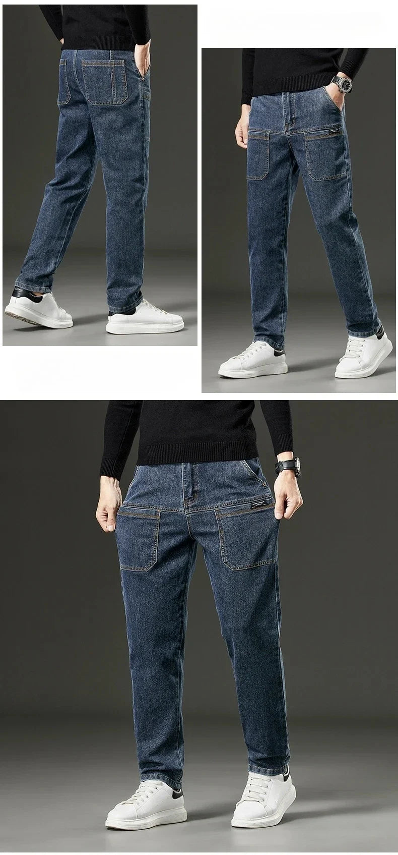 6 Pocket Design Denim Jeans Men's 2025 New High Elasticity Denim Casual Trousers Straight Male Pants Fashion Mid-waist Jeans