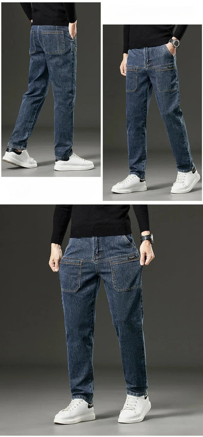 6 Pocket Design Denim Jeans Men's 2025 New High Elasticity Denim Casual Trousers Straight Male Pants Fashion Mid-waist Jeans
