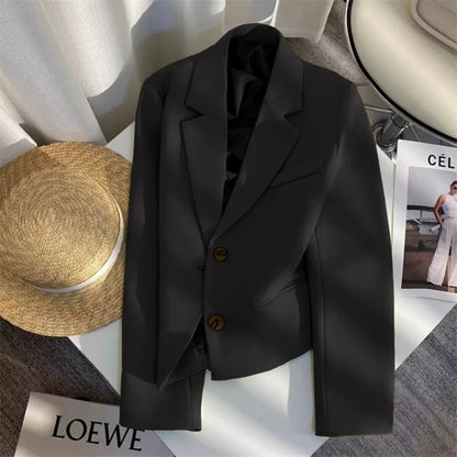 Black Cropped Blazers Woman Trend 2025 New All-match Notched Collar Crop Jacket Women Korean Chic Single Button Suit Coat Tops