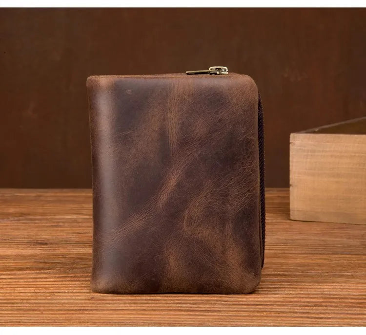 Handmade crazy horse leather wallet retro vertical zipper wallet first layer cowhide simple old wallet man
