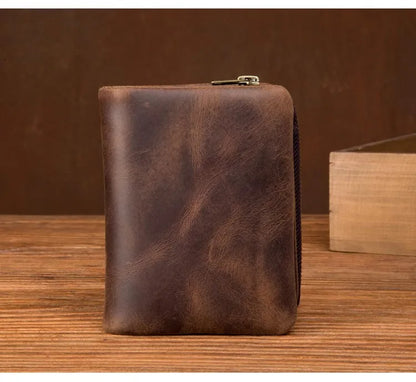 Handmade crazy horse leather wallet retro vertical zipper wallet first layer cowhide simple old wallet man