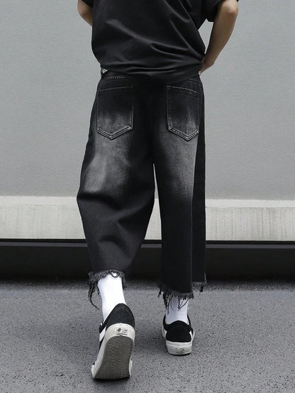 Men's Loose Ripped Denim Jeans 7 Point Calf Length Wide Leg Trousers Distressed Holes Frayed Hem Streetwear Casual Pants