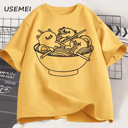 Japanese Style Cat Ramen T-Shirt Cotton Short Sleeve Kawaii Anime Tshirt Ramen Kitten Graphic Tees Cute Food Tee Shirt Clothes