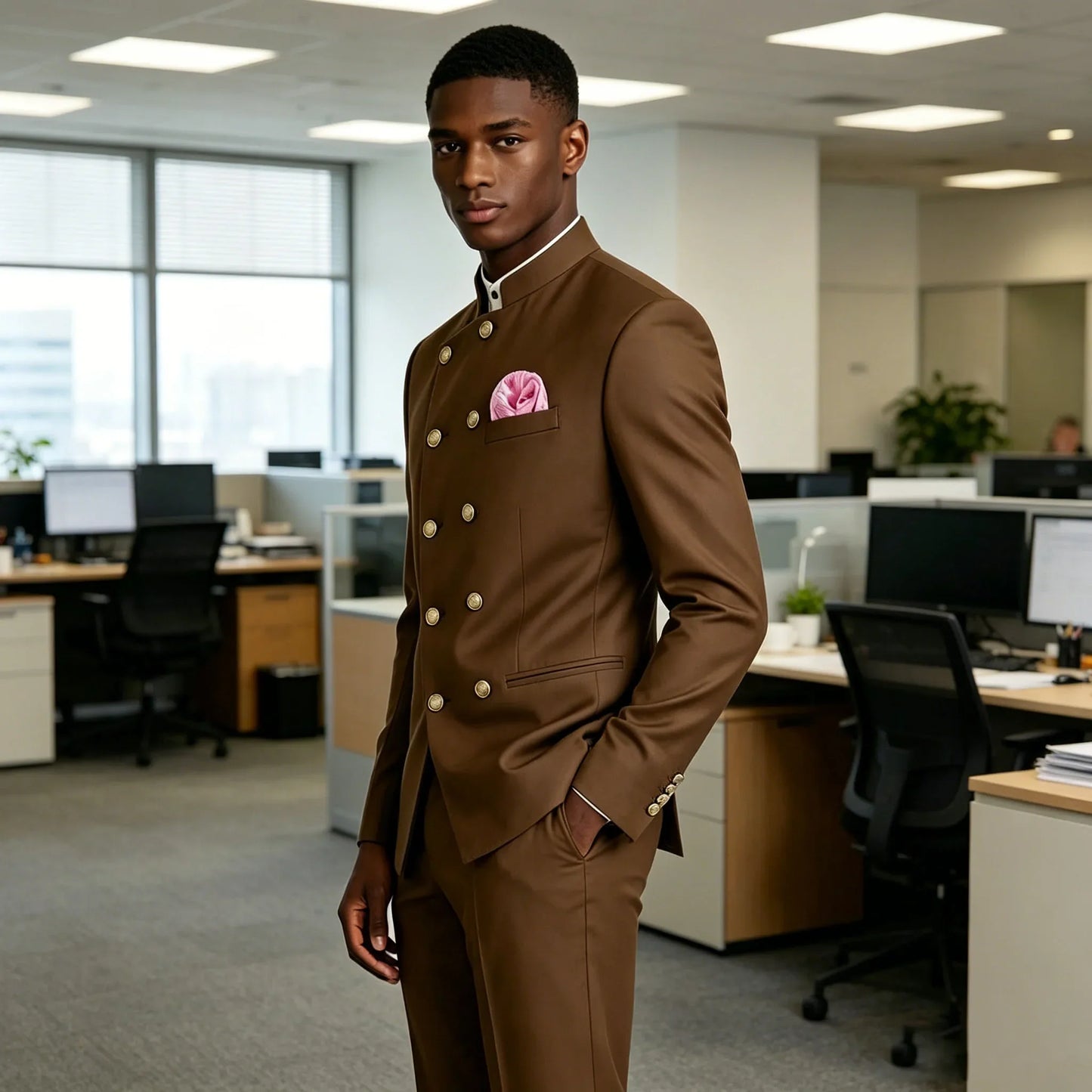 Men's Chinese Style Suit 2 Piece Brown Mandarin Collar Double Breasted With Gold Buttons Formal Jacket Pants For Business Weddin