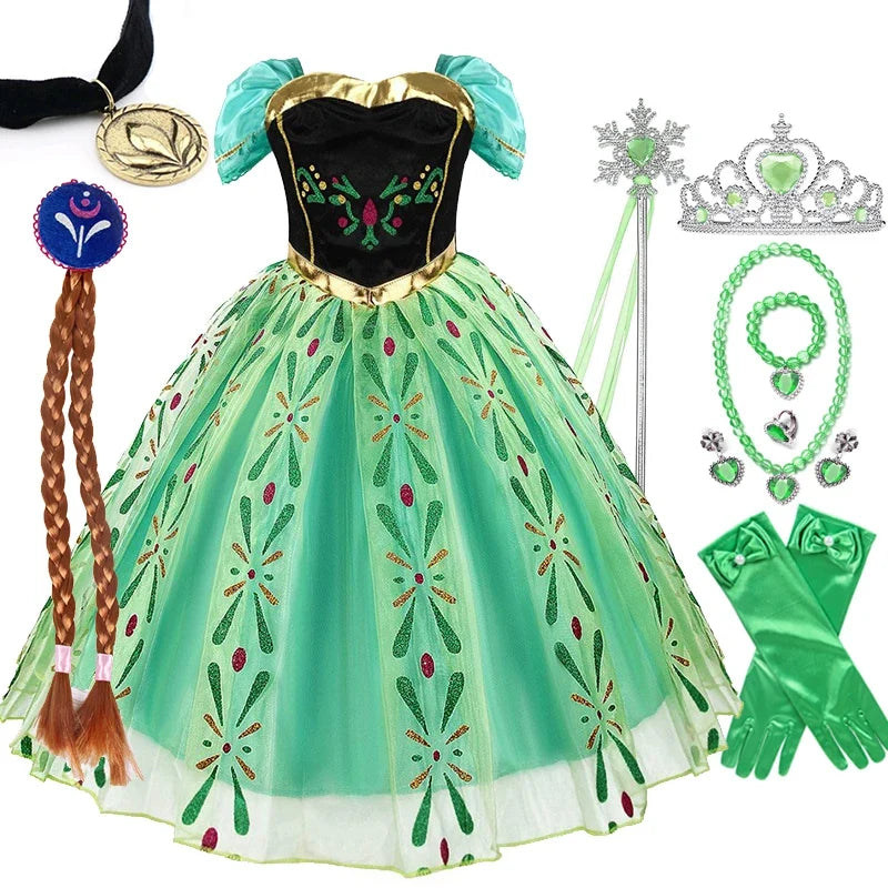 Girls Princess Anna Dress Birthday Party Dresses Halloween Disguise Cosplay Costume Fancy Green Dress Up Fantasia Anna Costumes