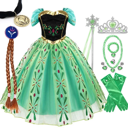 Girls Princess Anna Dress Birthday Party Dresses Halloween Disguise Cosplay Costume Fancy Green Dress Up Fantasia Anna Costumes