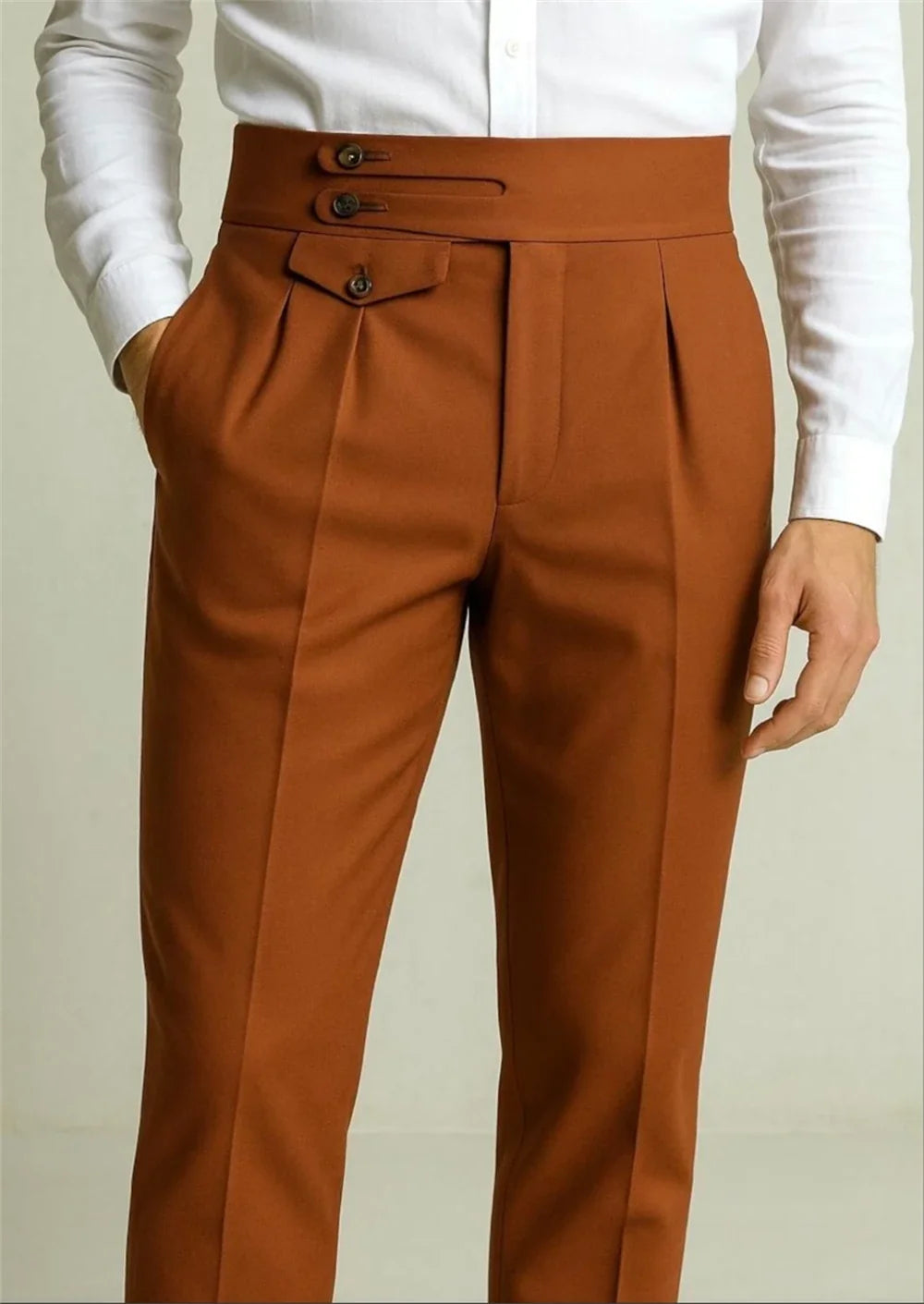 Vintage Men Rust Terracotta Tailored Trousers Retro High Waist Double Button Gurkha Pant Tailor Made