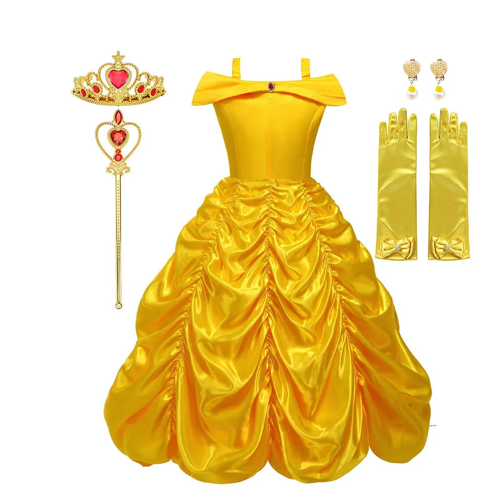 Off Shoulder Yellow Princess Dress for Kids Girl Belle Role Playing Clothing Fancy Carnival Party Birthday Ball Gowns Halloween
