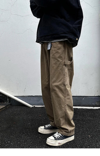 Korean Streetwear High Quality Double Gauge Twill Wash Cargo Pants For Men Clothing Harajuku Cotton Casual Straight Leg Trousers
