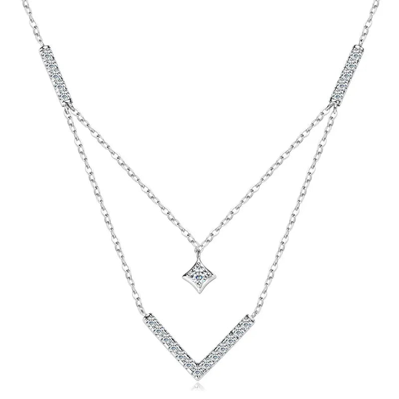 Sparkling 3mm&1.8mm Round Moissanite Necklace 925 Sterling Silver Fashion V-Shape Necklaces for Women Fine Jewelry Gift