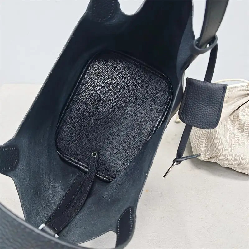 Top Layer Cowhide Leather Handbag European Sle Buet Bag Fre Vegetable Basket Ladies Handbag Soft Handle Casual Faion