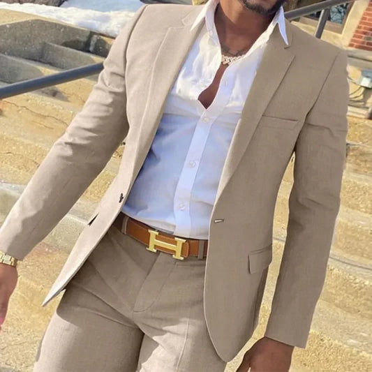Beige Men  Suit Slim Fit Wedding Groom Tuxedos Groomsmen Suits Male Fashion Smoking Costume Homme 2 Pieces (Blazer+Pants)