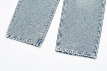 2024 Women's Street Fashion Denim Blue Jeans Distressed Patchwork High Waist Zipper Fly Ripped Retro Long Pants