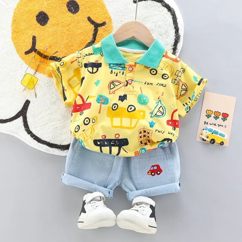 High-Quality Baby Boys Polo Shirt + Handsome Denim Shorts 2-Piece Set Children's Girls Clothing Summer