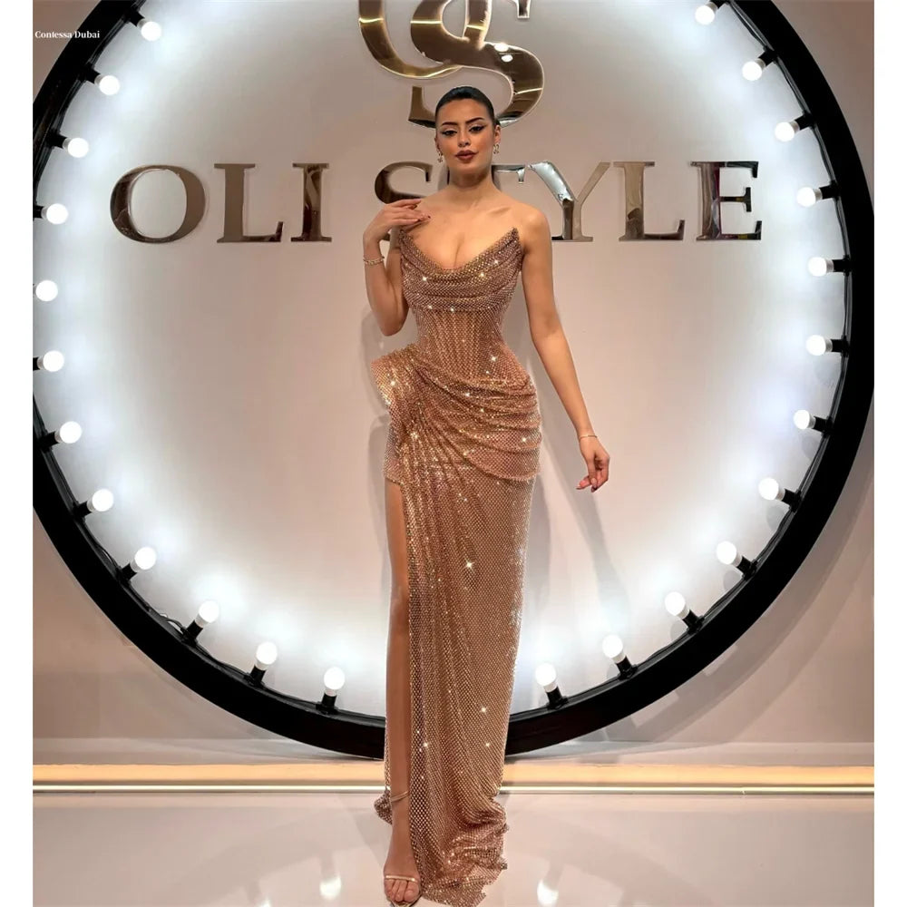 Dubai Customized Side High Slit Pleated Mermaid Prom Dress Floor-length Strapless Evening Dress Sleeveless Party Dress
