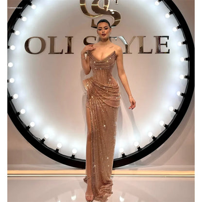 Dubai Customized Side High Slit Pleated Mermaid Prom Dress Floor-length Strapless Evening Dress Sleeveless Party Dress