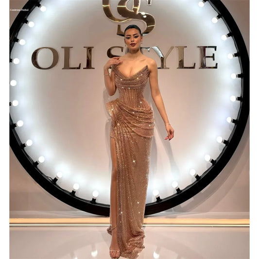 Dubai Customized Side High Slit Pleated Mermaid Prom Dress Floor-length Strapless Evening Dress Sleeveless Party Dress