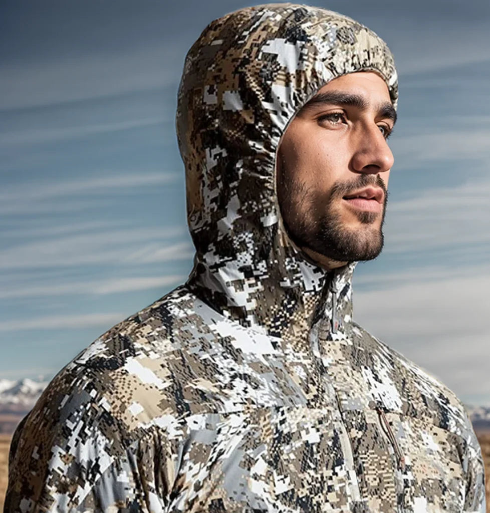 Men's Stretch Camouflage Jacket, Hunting Pullover, Light Nylon Fabric Printed Plush Lining Hoodie