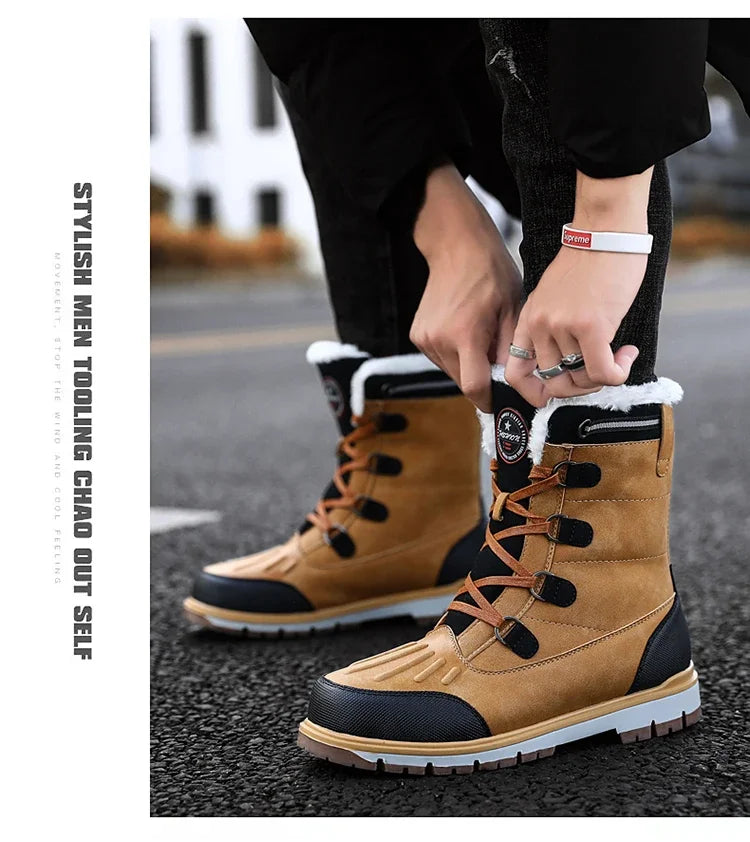 Fashion Men's Winter Boots Warm Fur High-top Snow Boots Men Waterproof Leather Platform Boots Outdoor Non-slip Men Winter Shoes