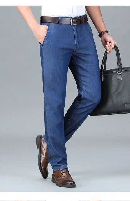 2026 New Spring Men's Light Blue Stretch Straight Jeans Business Casual Denim Pants Modal Fabric Trousers Male Brand