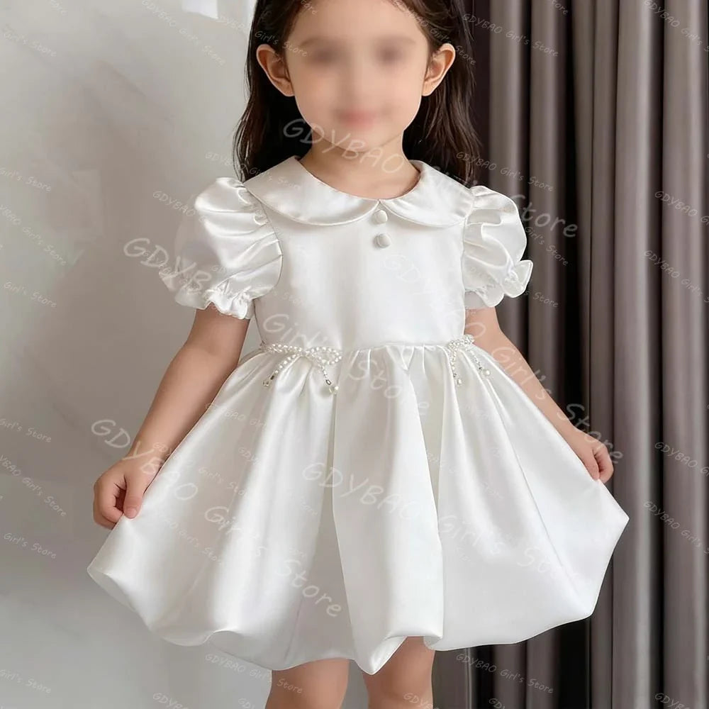 Baby Girls Princess Dress Peter Pan Neck Short Sleeves Flower Girl Dress for Wedding Toddlers Bubble Hem Mini Party Gown Custom