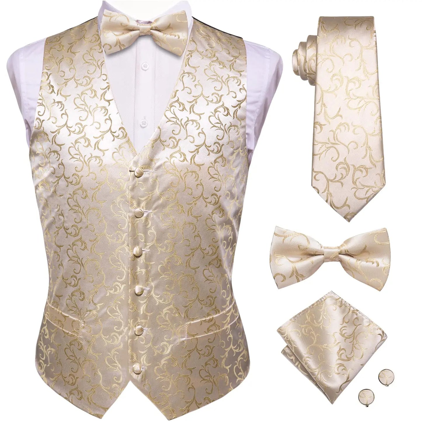 Luxury Silk Mens Vests Rose Gold Pink Striped Waistcoat Necktie Bowtie Hanky Cufflinks Set Waist Jacket For Men Wedding
