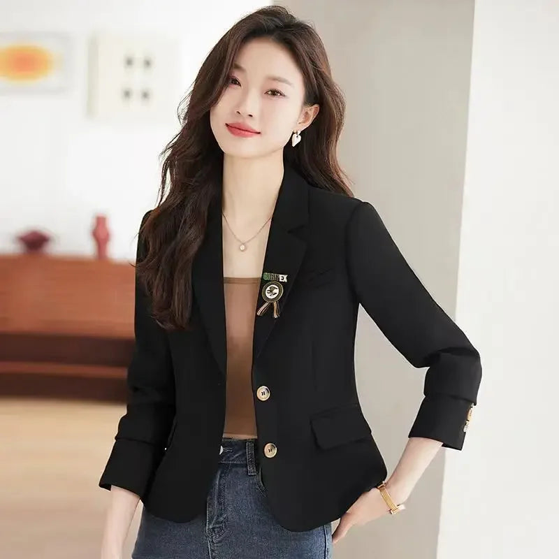 Caramel Short Suit Jacket Women's Casual High-Waisted 2025 New Spring Autumn Short Style Upper Body Fashion Polyester Fiber